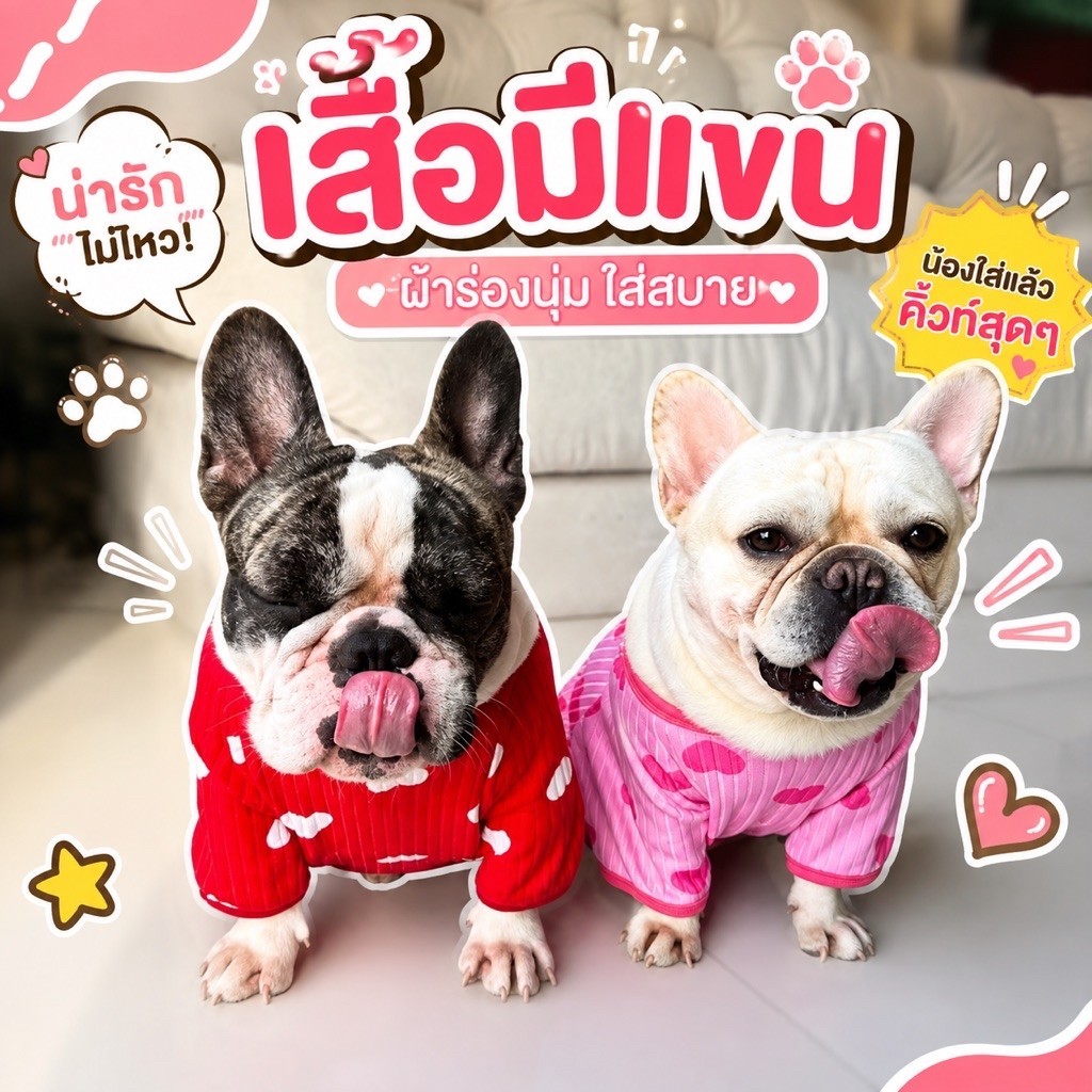 พร้อมส่ง เสื้อมีแขน เสื้อหมา เสื้อแมว เนื้อผ้าร่อง นิ่ม ยืด ใส่สบาย (เลือกลายได้)