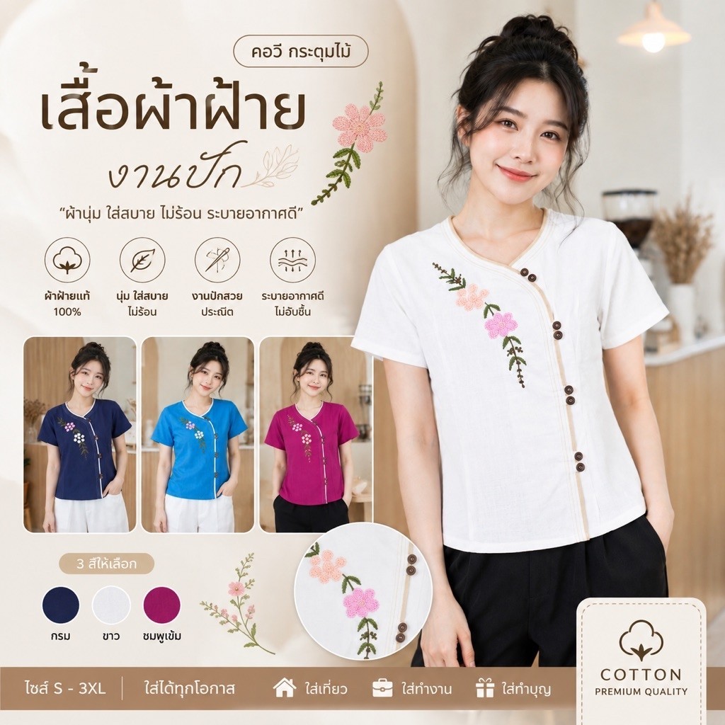 เสื้อผ้าฝ้าย เสื้อพื้นเมือง เสื้อผ้าฝ้ายผู้หญิง กระดุมกะลา ปักดอก งานปักมือ กระชับพอดี คอกลม ลายดอกไม้ สีขาว