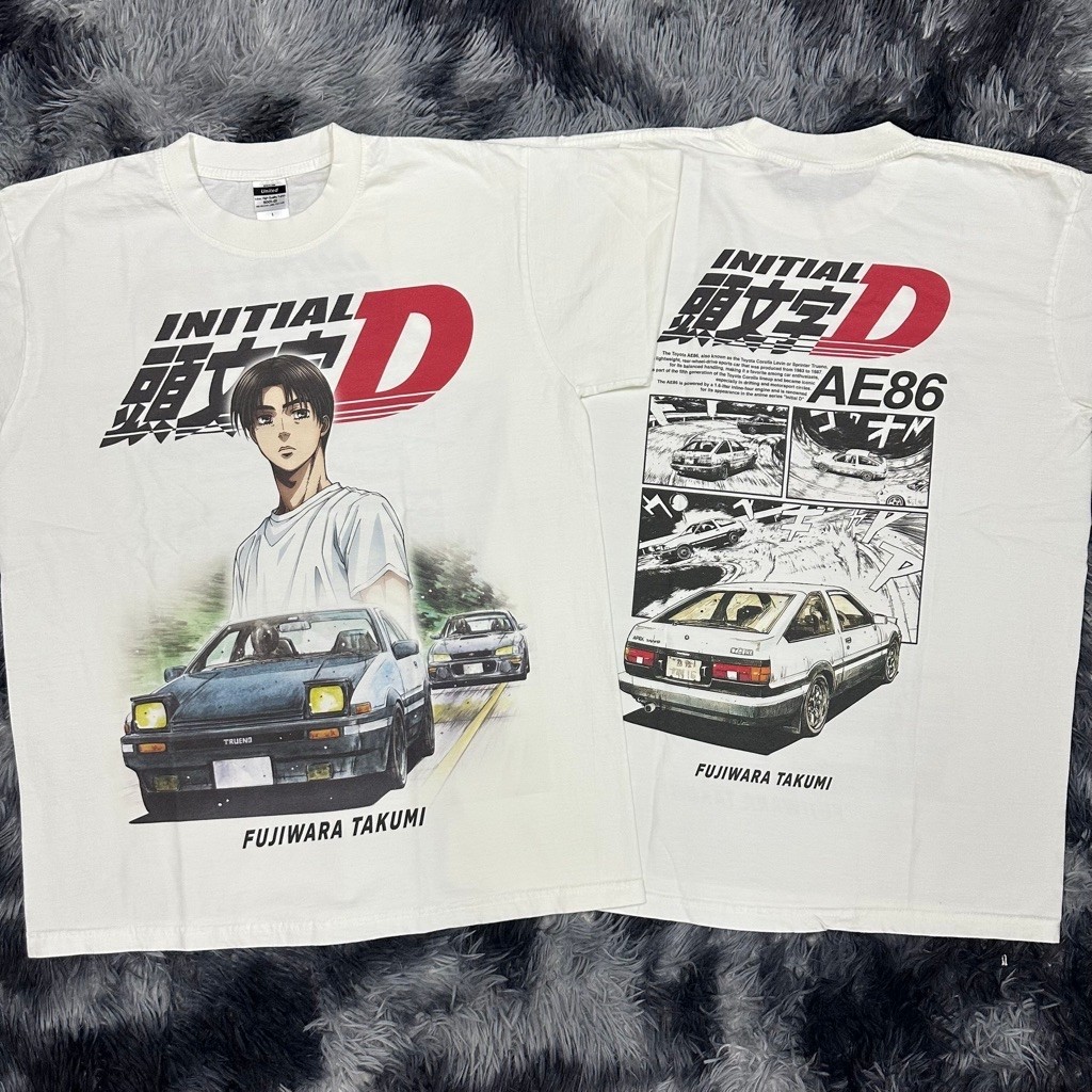 เสื้อยืดผ้าฟอกขาว  Initial D สกรีนจมDTG (ป้าย United Athle) คอตตอน 100