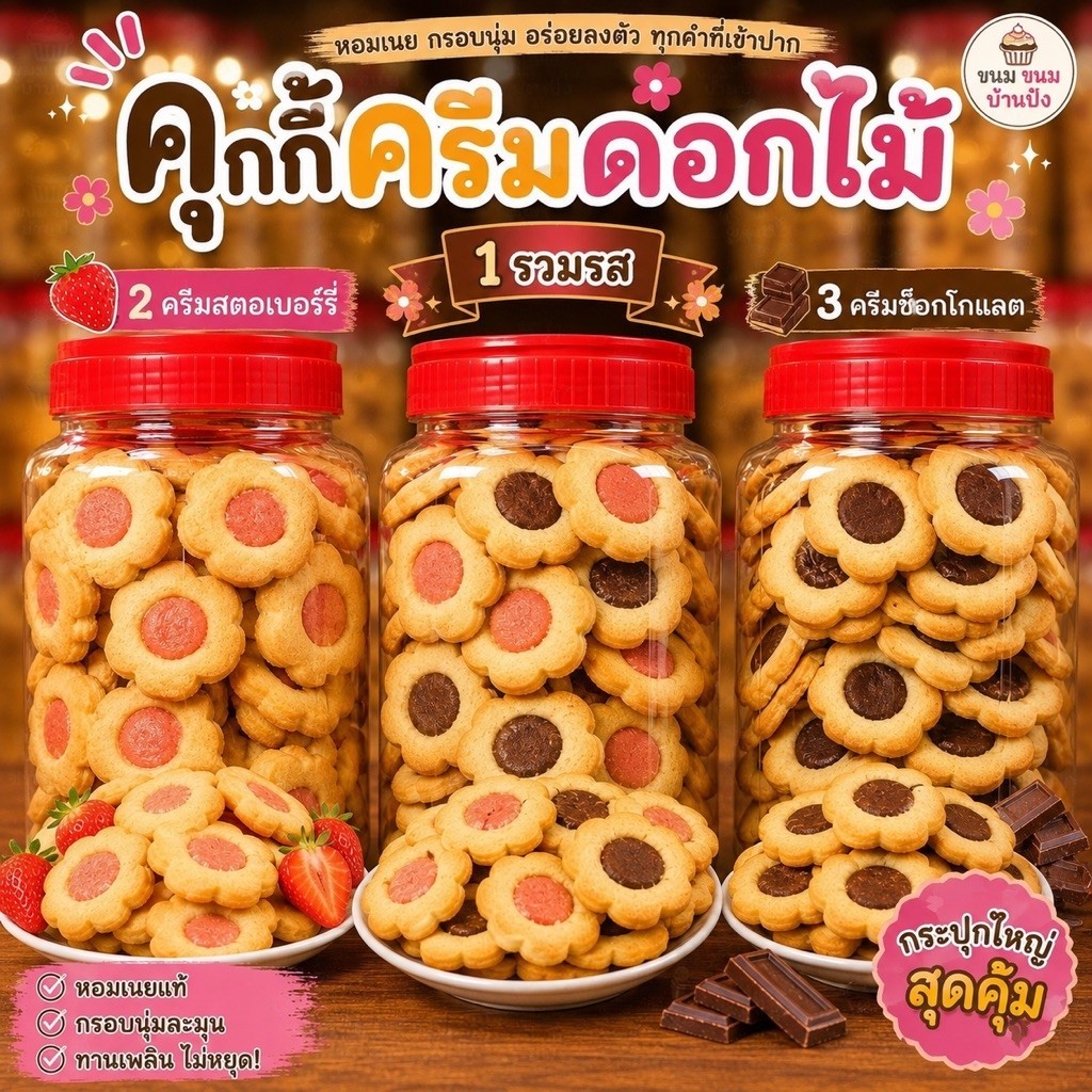 (1กระปุก) คุกกี้ครีมดอกไม้ ขนาด 350 กรัม สวยน่ารัก อร่อย หอม ละมุน #ของฝาก ฝาแดง