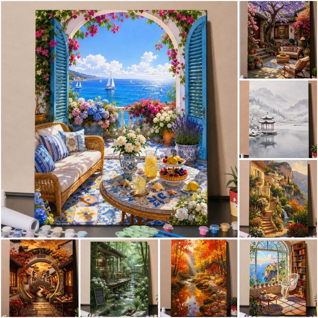 ระบายสีตามตัวเลขลายวิว 40×50 พร้อมเฟรมไม้ | งานศิลปะสวยเหมือนจริง ตกแต่งบ้านได้ (เลือกได้ 43 ลาย) รูปที่ 1