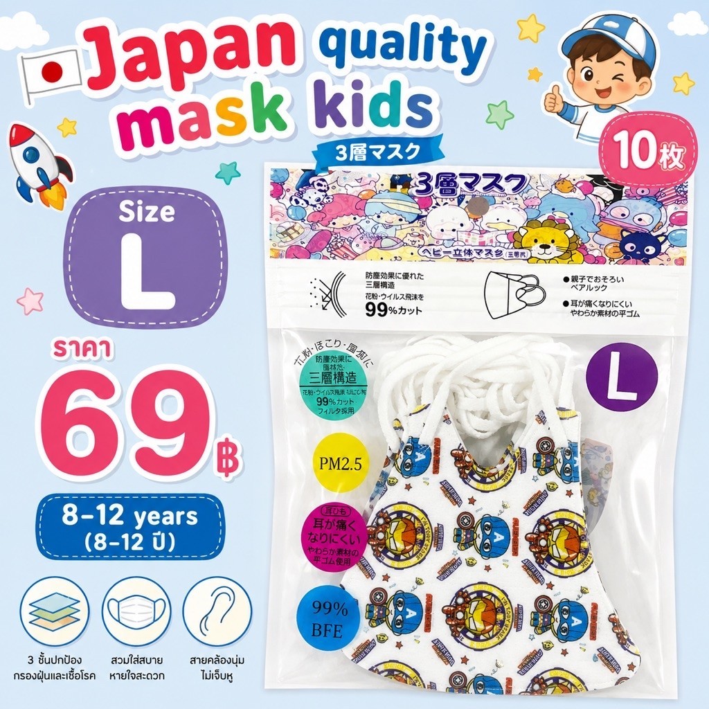 พร้อมส่ง L แมสเด็ก 3D งานญี่ปุ่นแท้ L ( 8-12ขวบ )