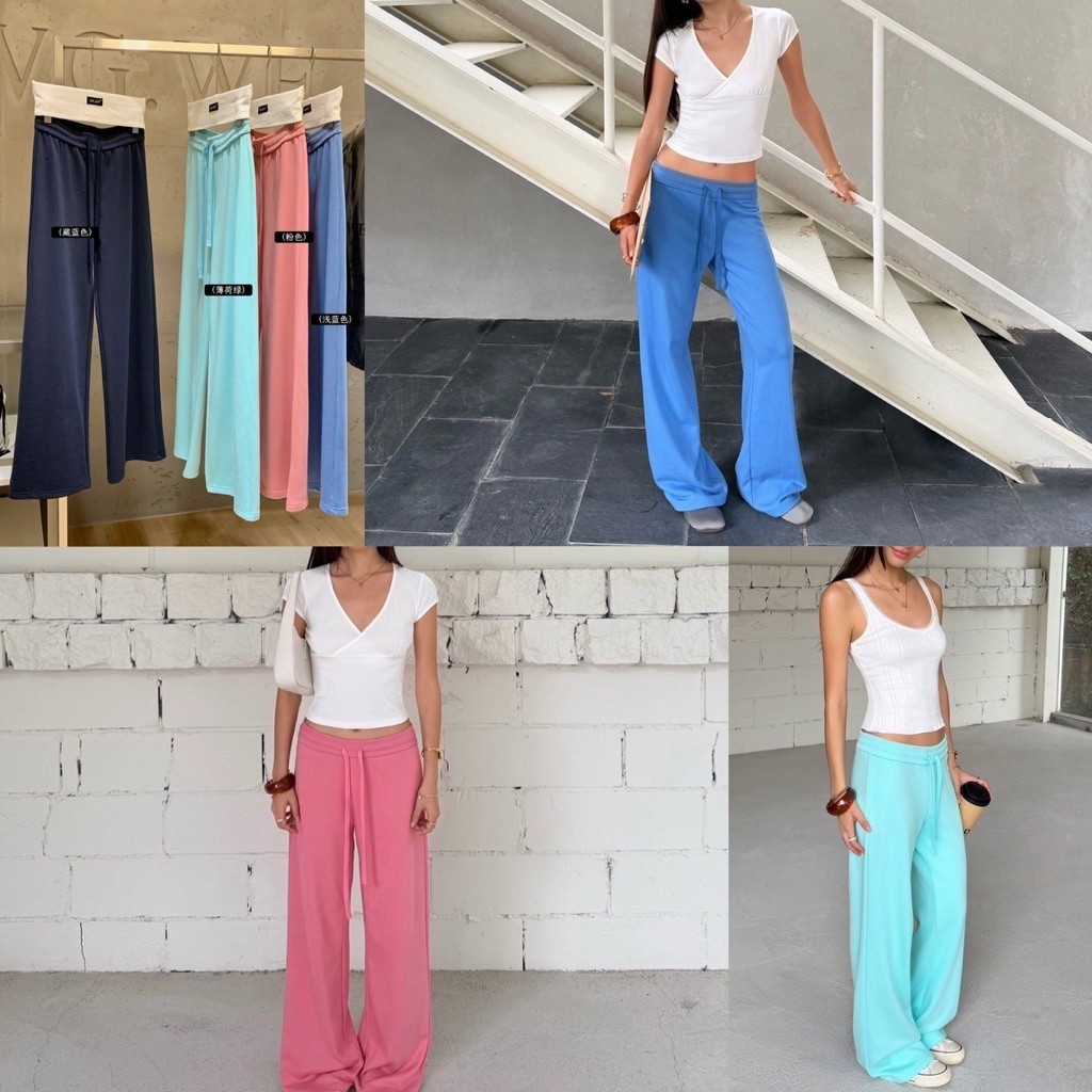 📍พร้อมส่ง ฟ้า ชมพู📍11049#กางเกงขายาวเอวยางยืด มีเชือกรูดช่วงเอว เนื้อผ้าดีงานสวย TAG:WG.WE 🇰🇷