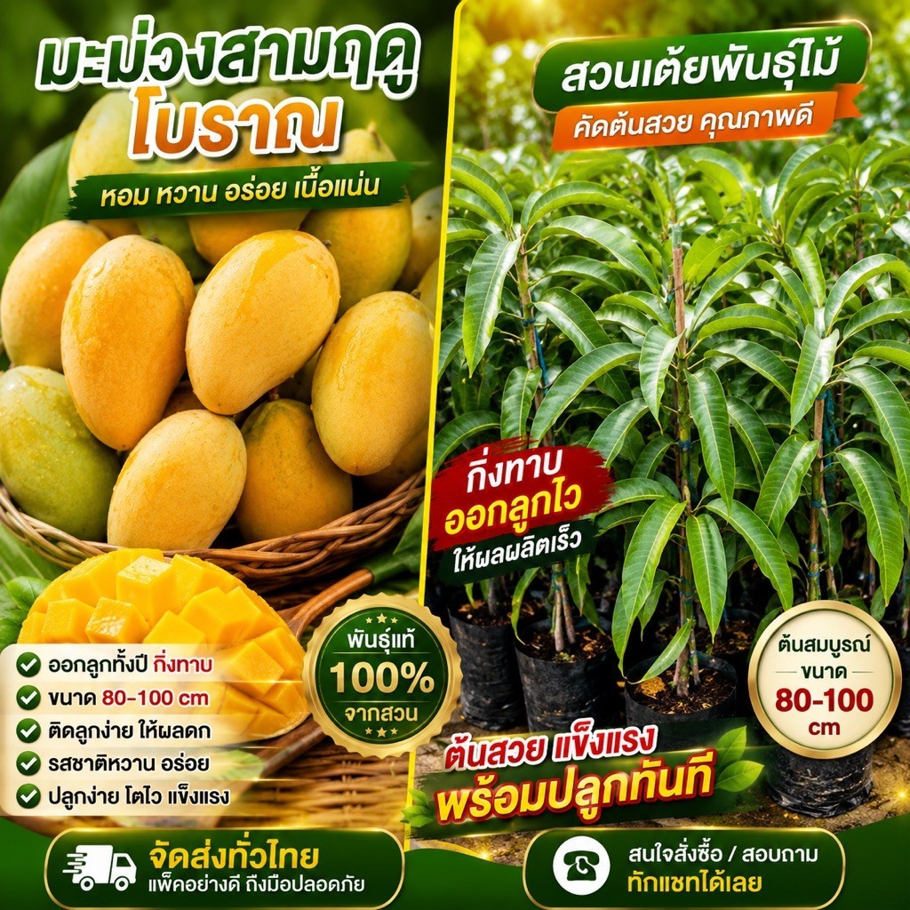 มะม่วงสามฤดู โบราณ ออกลูกทั้งปี กิ่งทาบ ขนาด80-100cm