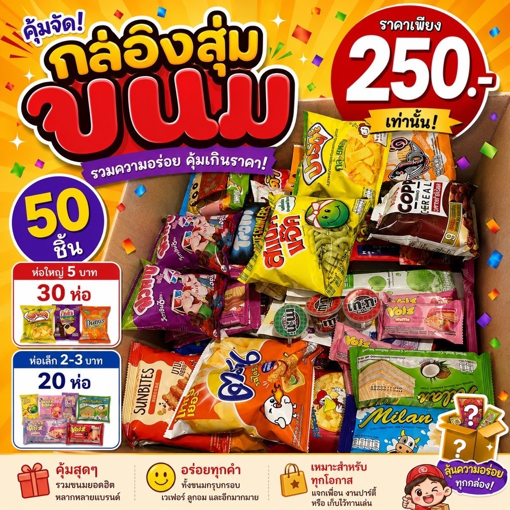 กล่องสุ่มขนม 70ชิ้น ห่อใหญ่5บาท 40ห่อ ห่อเล็ก1-3บาท20ห่อ