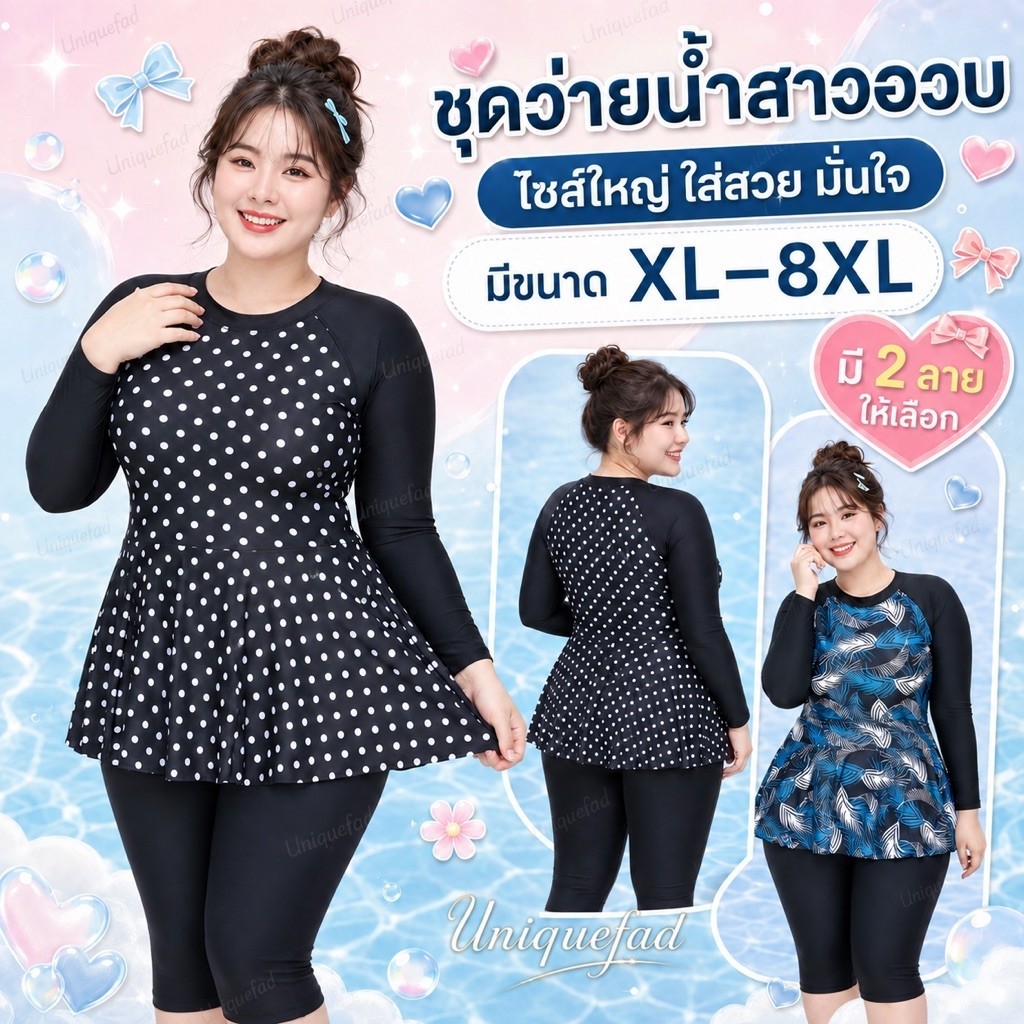 XL-8XL ชุดว่ายน้ำ บอดี้สูทแขนยาวชายระบาย กางเกง 5 ส่วน สาวอวบ สาวอ้วน ใส่ได้