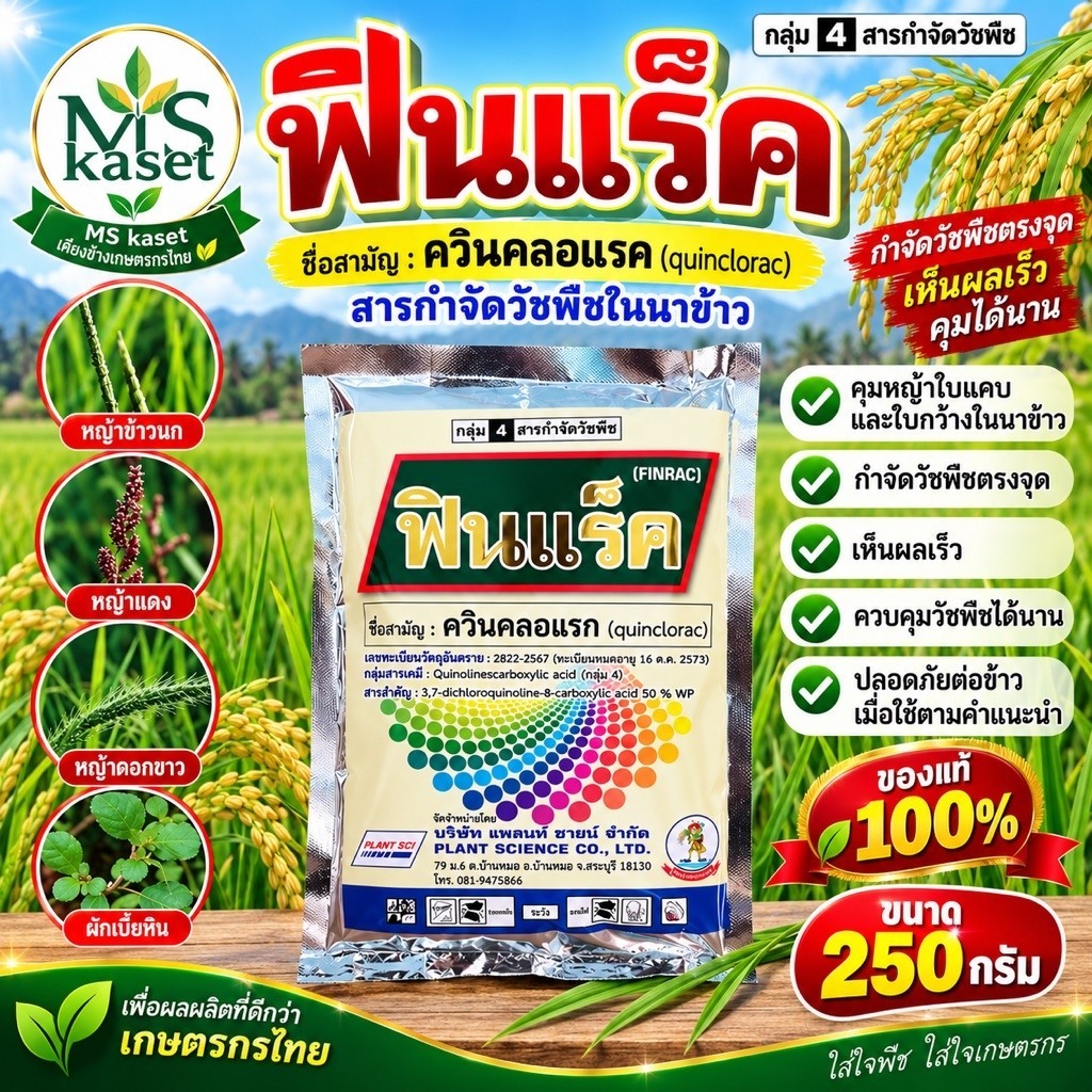 ฟินแร็ค #ควินคลอแรก(quinclorac)50%WPขนาด 250 กรัม กำจัดหญ้าในนาข้าว