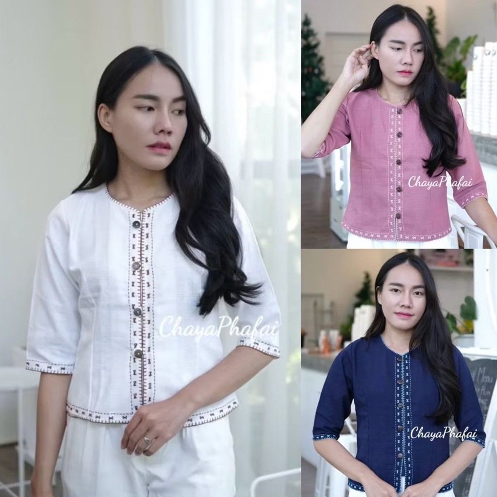 เสื้อผ้าฝ้ายคอกลมปักลายนาฬิกาทราย