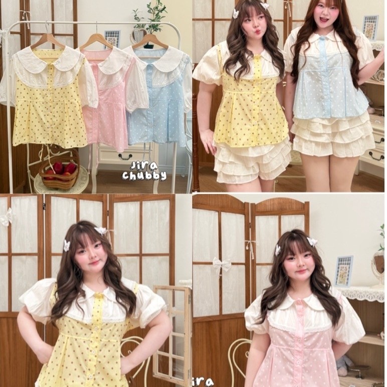 เสื้อคอบัวลายจุดงานสาวอวบแต่งลูกไม้ฉลุผ้าดีใส่สบายฮิตสุดๆอก38-50นิ้ว