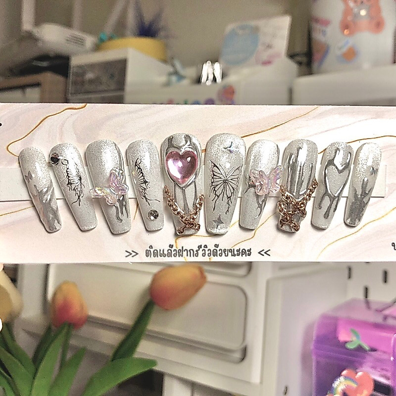 (พร้อมส่ง )เล็บเจลแท้ลัคชูลูกแก้ว+งานขัดเงิน