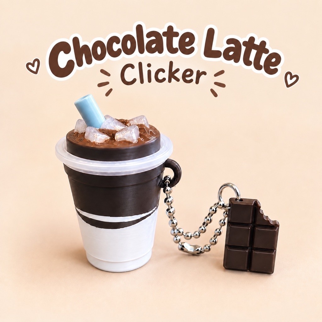 Chocolate Latte Clicker Keychain 🍫🥤 พวงกุญแจคลิกเกอร์แก้วช็อกโกแลตลาเต้ พร้อมชาร์มช็อกโกแลต งาน 3D Print