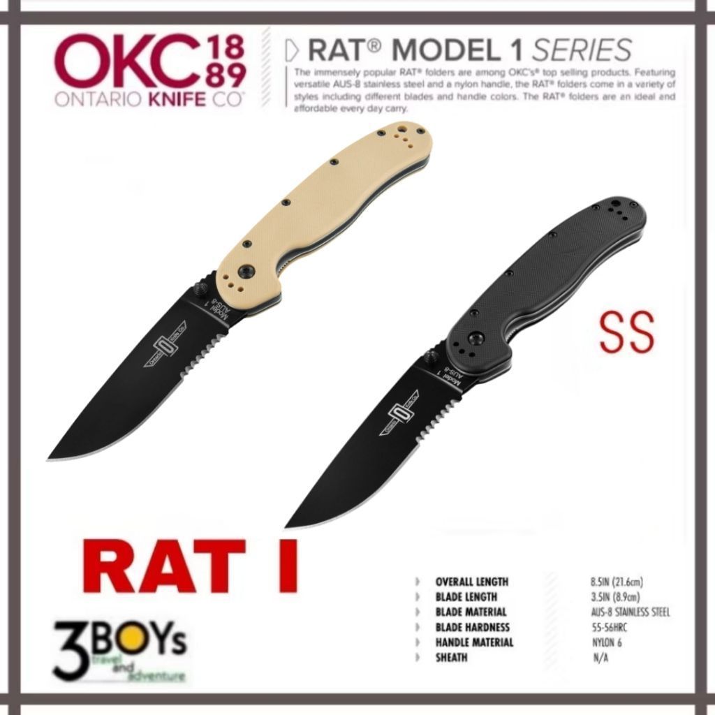 มีดพับ ONTARIO แท้ รุ่น RAT 1 ใบมีดสีดำ ขนาดใหญ่ AUS-8 หนา 2.9 mm. เปิดมือเดียว FRAME LOCK แข็งแรง ท