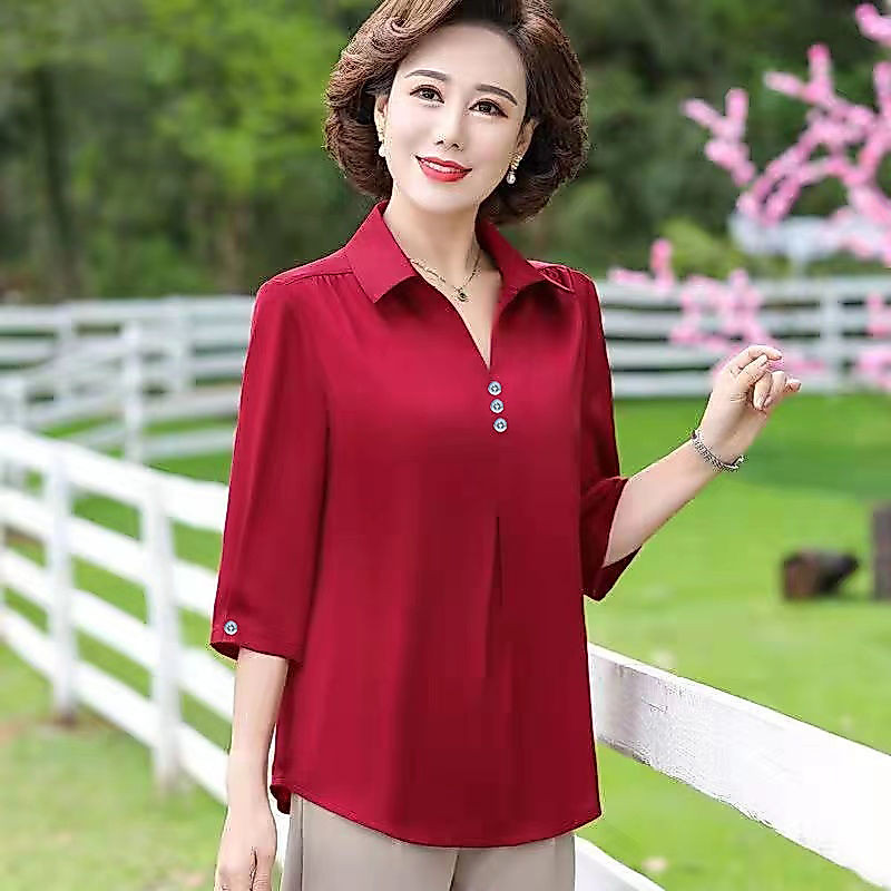 เสื้อเชิ้ตแขนสามส่วน คอวี ทรงหลวม ขนาดเล็ก สีพื้น ขนาดใหญ่ สําหรับผู้หญิง
