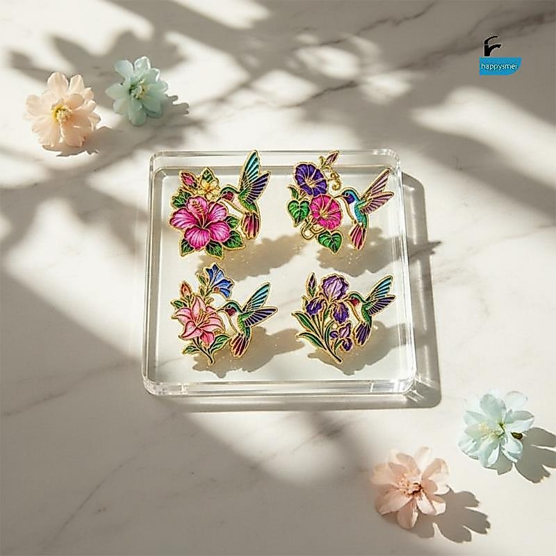 [GIK] 1/4 ชิ้นผู้หญิงเข็มกลัดคอปก Pins Hummingbird ดอกไม้เคลือบ Pin ชุดน่ารักเข็มกลัดนกสําหรับเสื้อป