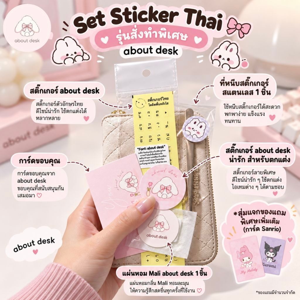 (แนวนอน) Sticker Thai Set สติกเกอร์ภาษาไทยพื้นใส font about desk ฟ้อนท์สวย เห็นชัด อ่านงาน สบายตา สำ