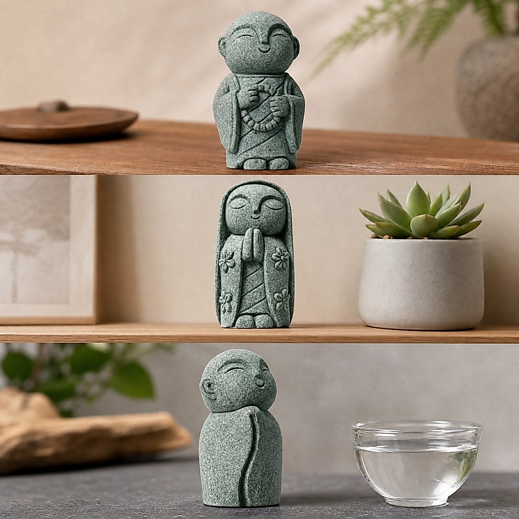 Jizo Monk Figurine เรซิ่นขนาดกะทัดรัด Jizo รูปปั้น Stone-Look Monk Figurine ญี่ปุ่น-Inspired ประติมา