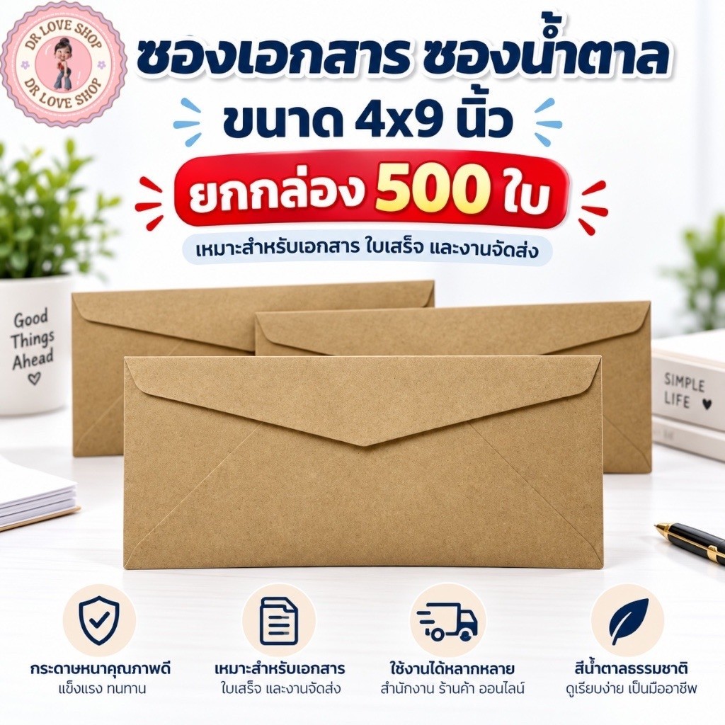 ซอง ซองเอกสาร ซองน้ำตาล ขนาด 4x9" เนื้อกระดาษ SB ซองจดหมาย (500ซอง/กล่อง)