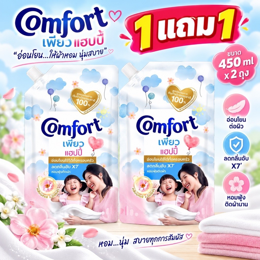 น้ำยาปรับผ้านุ่ม Comfort สูตรเข้มข้น ลดกลิ่นอับ หอมติดผ้า