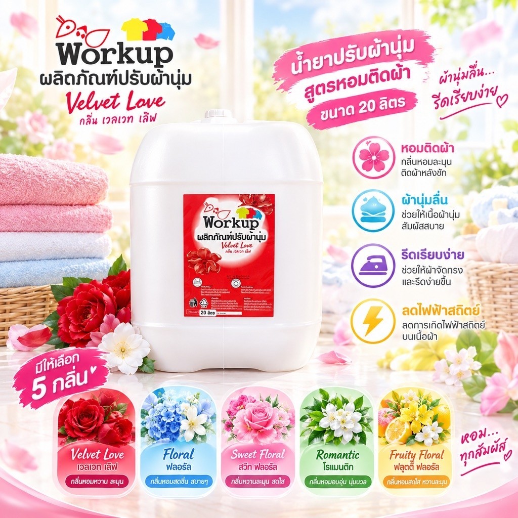 น้ำยาปรับผ้านุ่มWorkup 20ลิตร นุ่มฟูรีดเรียบง่ายหอมล้ำลึก