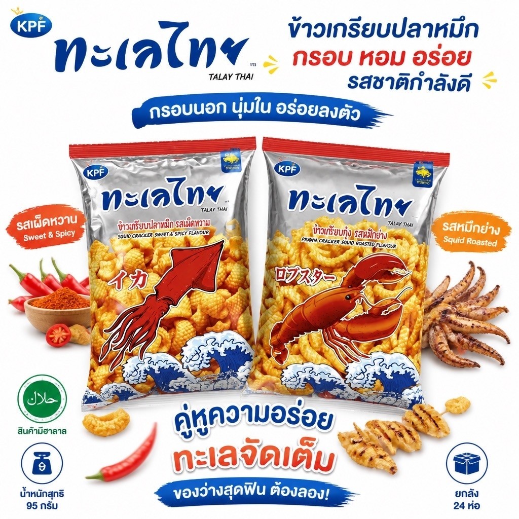 (แพ็ค3ซอง) ทะเลไทย ข้าวเกรียบกุ้งและข้าวเกรียบปลาหมึก น้ำหนักสุทธิ 95 กรัม