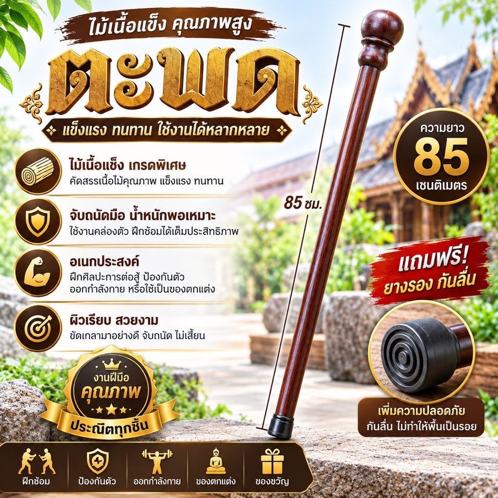 ไม้ตะพด ไม้มะค่า/ไม้ประดู่ หัวกลม คละสีคละเล่ม (ยาวประมาณ 80-90ซม.)