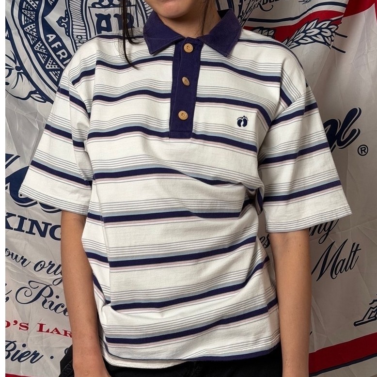 เสื้อโปโล คอปก แขนสั้น ลายทาง สีขาว น้ำเงิน Hawaii ฮาวาย งานเก่า polo shirt แบรนด์ Hang Ten (อก20.5)
