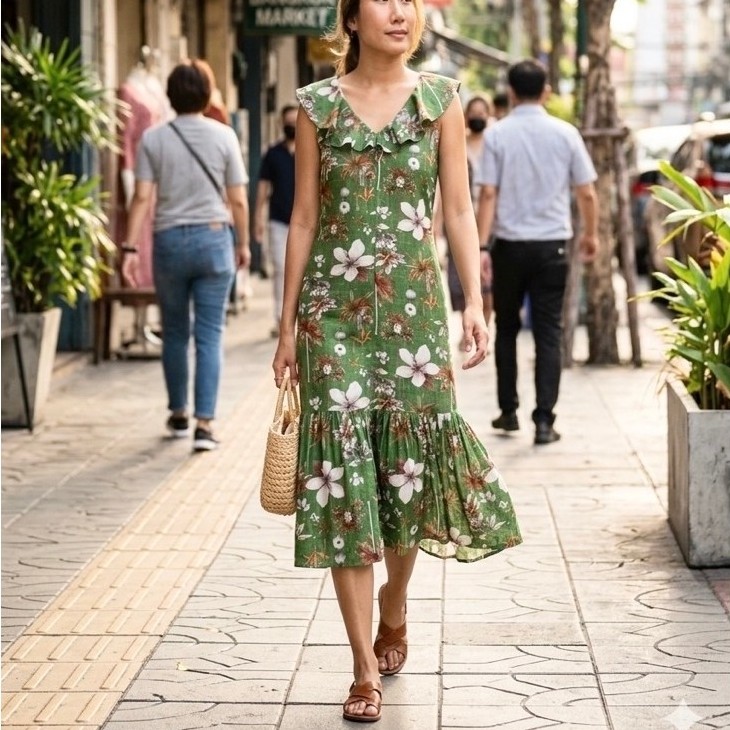 Jeune Style🍃(แบรนด์เจอเน่ สไตล์)ชุดเดรสคอมีระบาย พิมพ์ลายดอกไม้มีกระเป๋าข้างsize:m/อก34:ช่วงเอว30:สพ