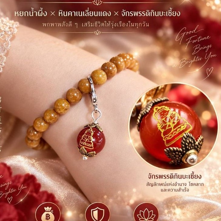 กำไลหยกน้ำผึ้ง 6mm. × หินคาเนเลี่ยนแดงจักรพรรดิกินบะเซี้ยง