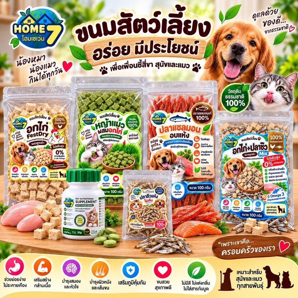 ขนมหมาแมว หญ้าแมว,อกไก่+ปลาชิวแห้ง ,แท่งไก่ ขนาด10 0กรัม ไม่เค็ม โปรตีนสูง ตราโฮมเซเว่น Home7 มีโปรโมชั่น