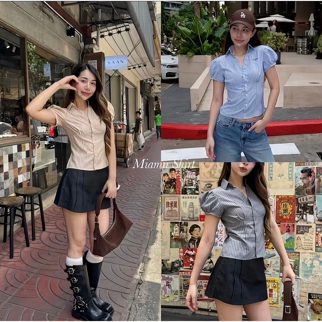 ส่งต่อสีริ้วครีม เสื้อเชิ้ต Miamii ผ้าริ้ว (ขออนุญาตใช้รูปจากทางแบรนด์ค่ะ) ป้าย PEAR WD HOUSE