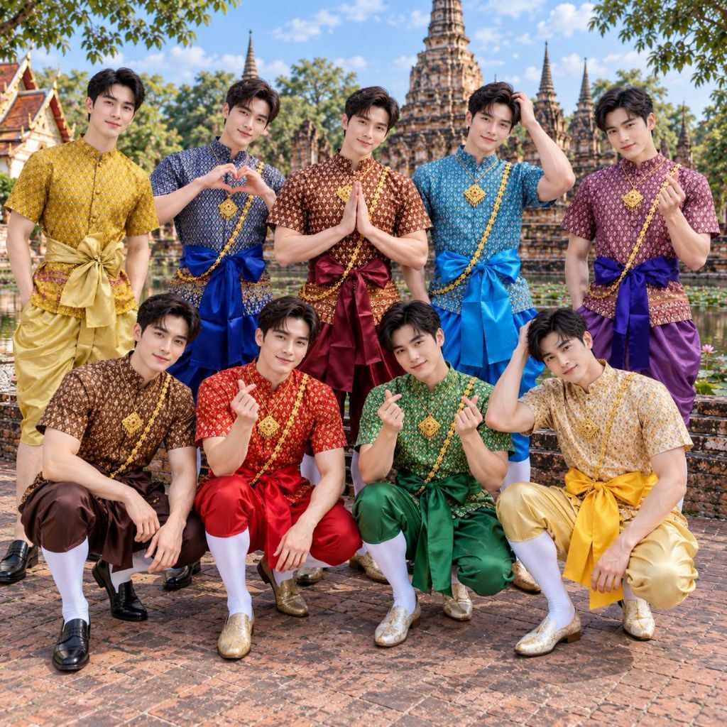 ชุดไทยผู้ชายเสื้อผ้าไหมพิมพ์ทอง + โจงกระเบน + ค่าคาดเอว