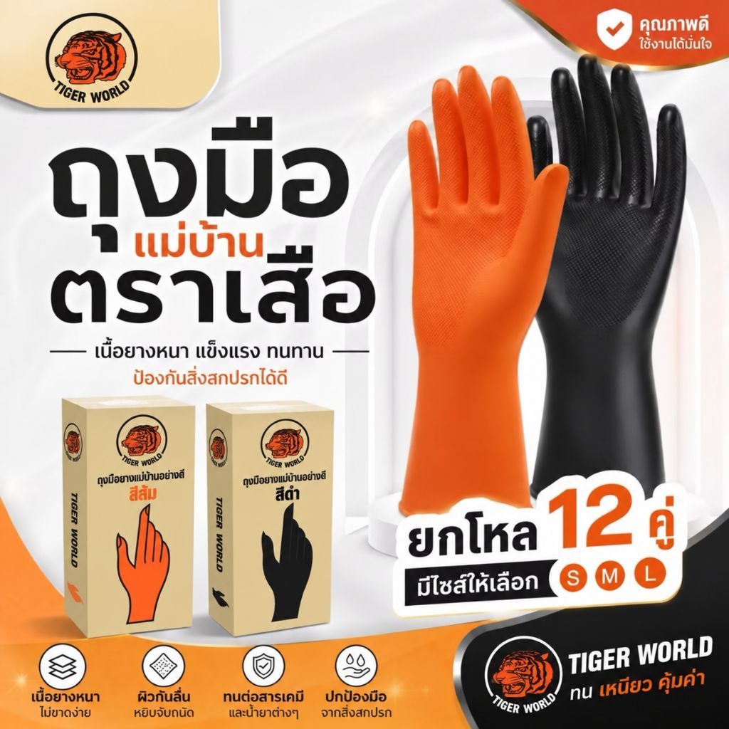 12คู่ ถุงมือยางแม่บ้าน ตราเสือ ล้างจาน กันลื่น สีส้มและดำ ขนาด S M L สำหรับงานบ้านและทำความสะอาด