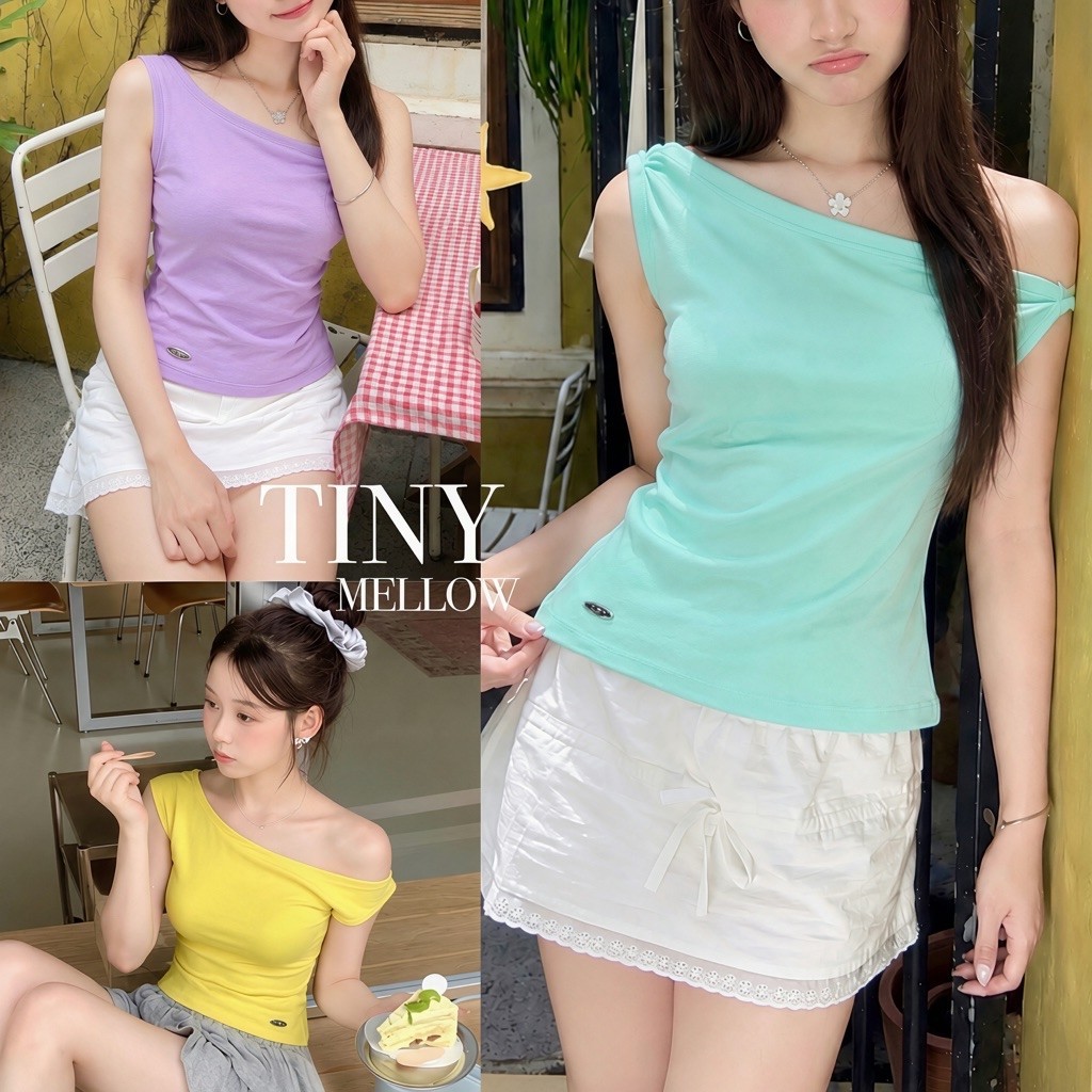 BARBIE  TOP  - เสื้อปาดไหล่  ผ้ายูนิพรีเมียม ผ้ายืดหยุ่นใส่สบาย  ติดอะไหล่โลโก้  - ( บาบี้ )