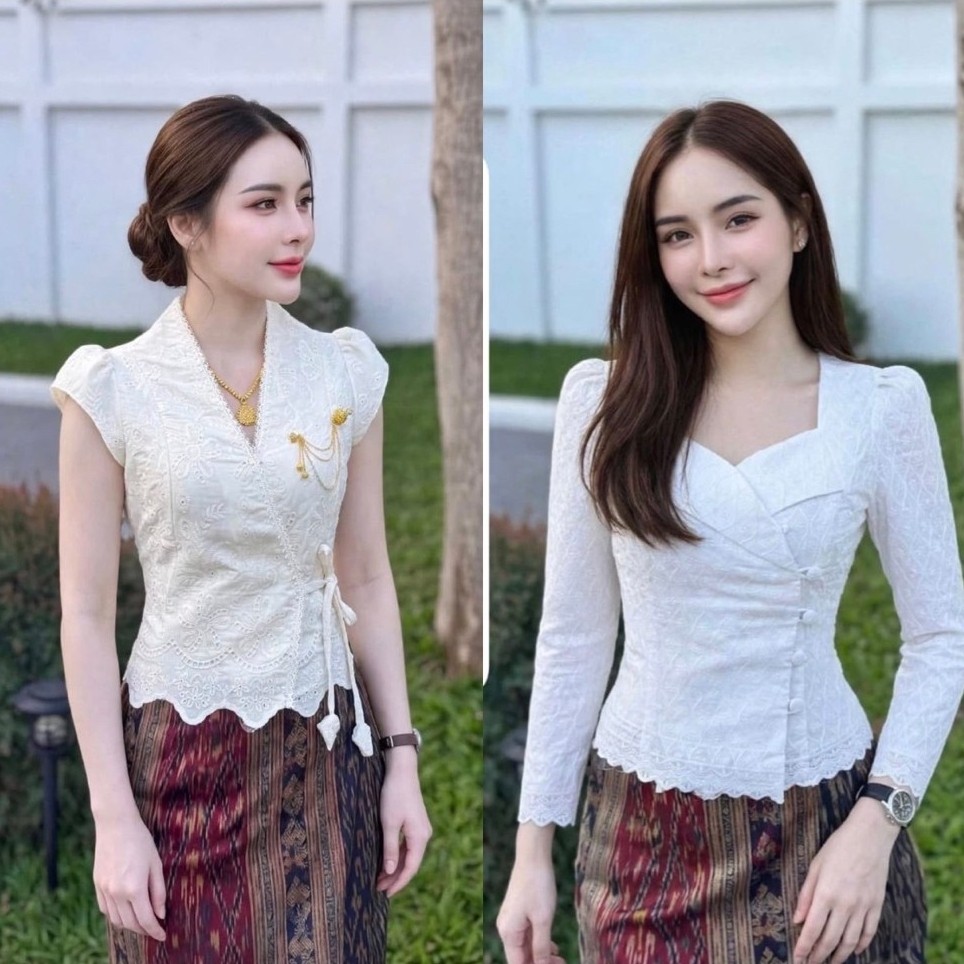 เสื้อไหมลาว เนื้อผ้าฝ้ายสลู อัดกาว พร้อมส่งน่า(✅ได้แต่เสื้อ)