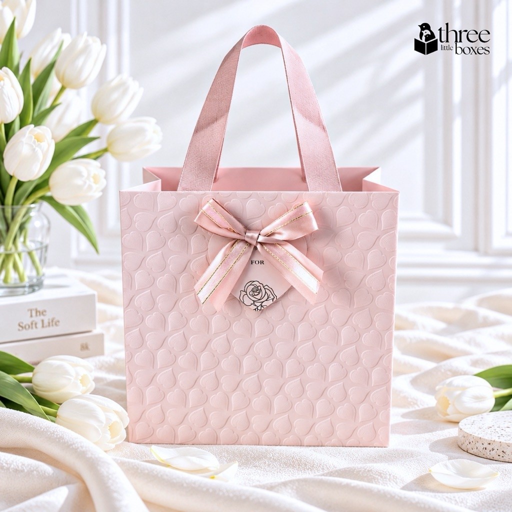 ถุงกระดาษ ลายหัวใจ Just for you ขนาด24x24x10cm. ปั้มนูน ฟอยล์rose gold หูริบบิ้นซ่อนปลาย ถุงใส่ของรับไหว้ รูปที่ 2
