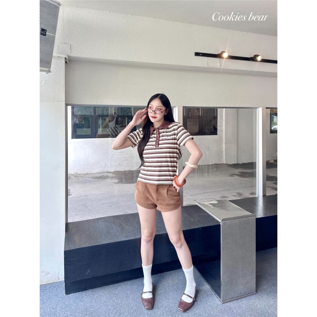 maymuse MAYMUSEเสื้อเชิ้ตคอปกแขนสั้นตัดปกขอบสลับสีลายริ้วผ่าข้างป้ายcookiesbear