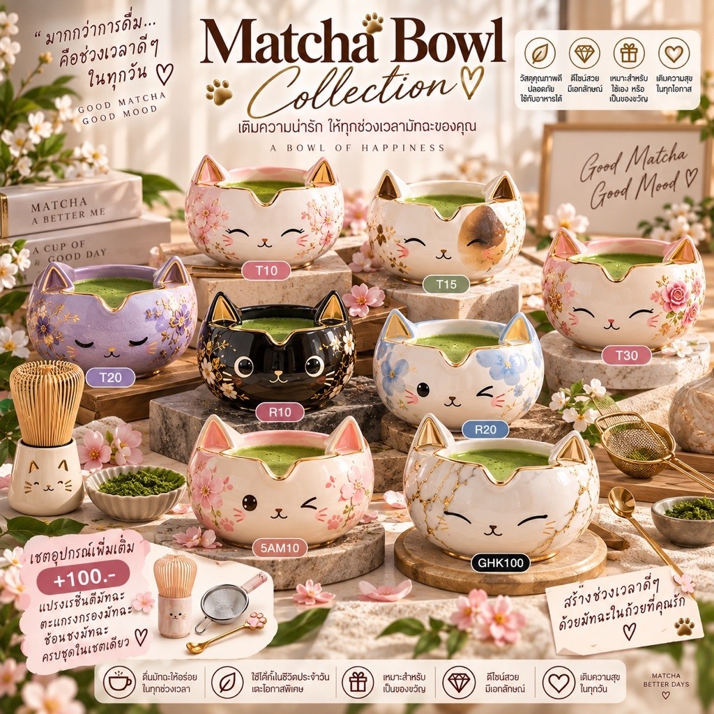 ถ้วยมัทฉะเซรามิก ลายแมวน่ารัก Matcha Bowl Collection มีปากเท 8 ลาย สำหรับชงมัทฉะ ตีชา ทำชาเขียว พร้อมตัวเลือกเซตอุปกรณ์