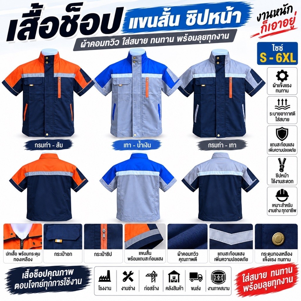 เสื้อช็อปแขนสั้นทูโทนซิบหน้ามีกระเป๋าด้านใน2ข้าง ดีไซน์สีสันสดใส สำหรับทุกโอกาส