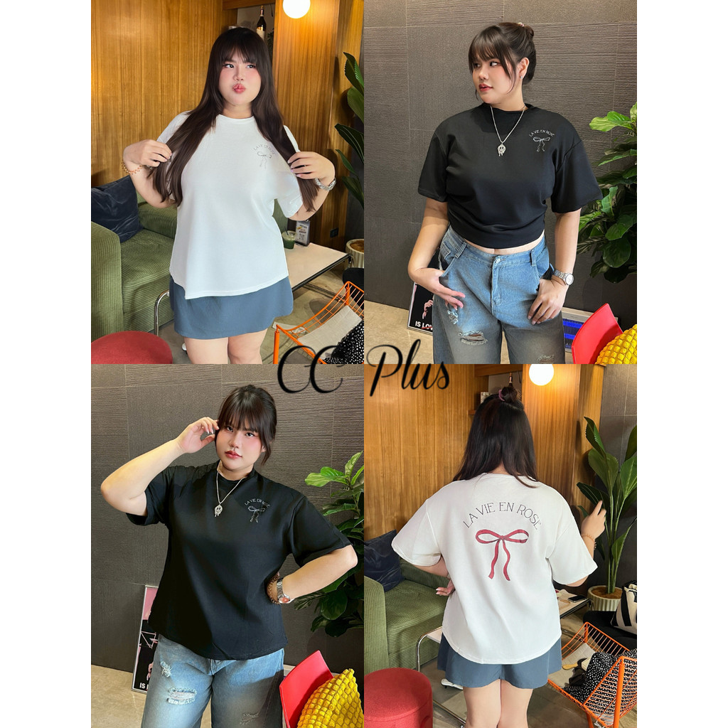 CiCi Plus+(1290-1) เสื้อยืดแขนสั้น ผ้าดีหนานุ่ม ทรงสวย คอกลมสกรีนลายโบว์ สไตล์สาวพลัสไซส์