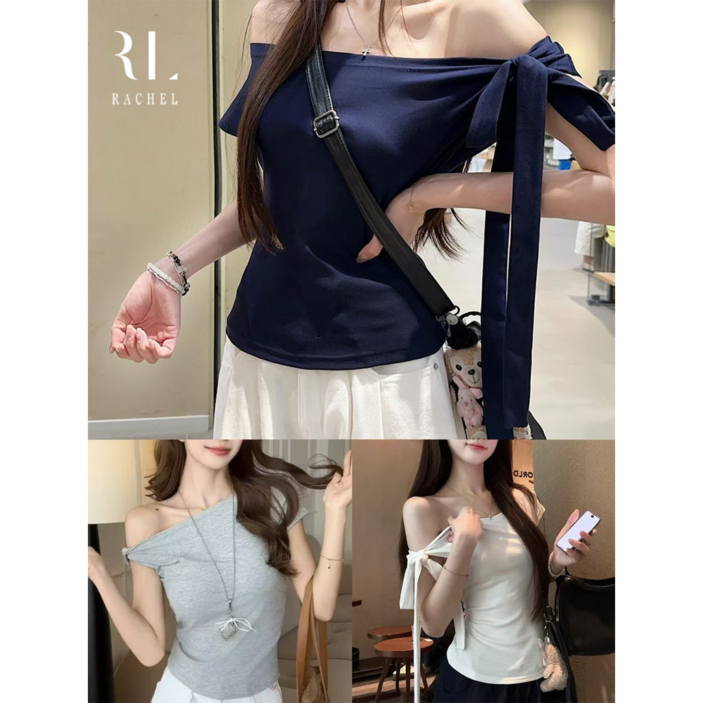 เสื้อยืดโชว์ไหล่แขนสั้น โบว์ผูกน่ารัก