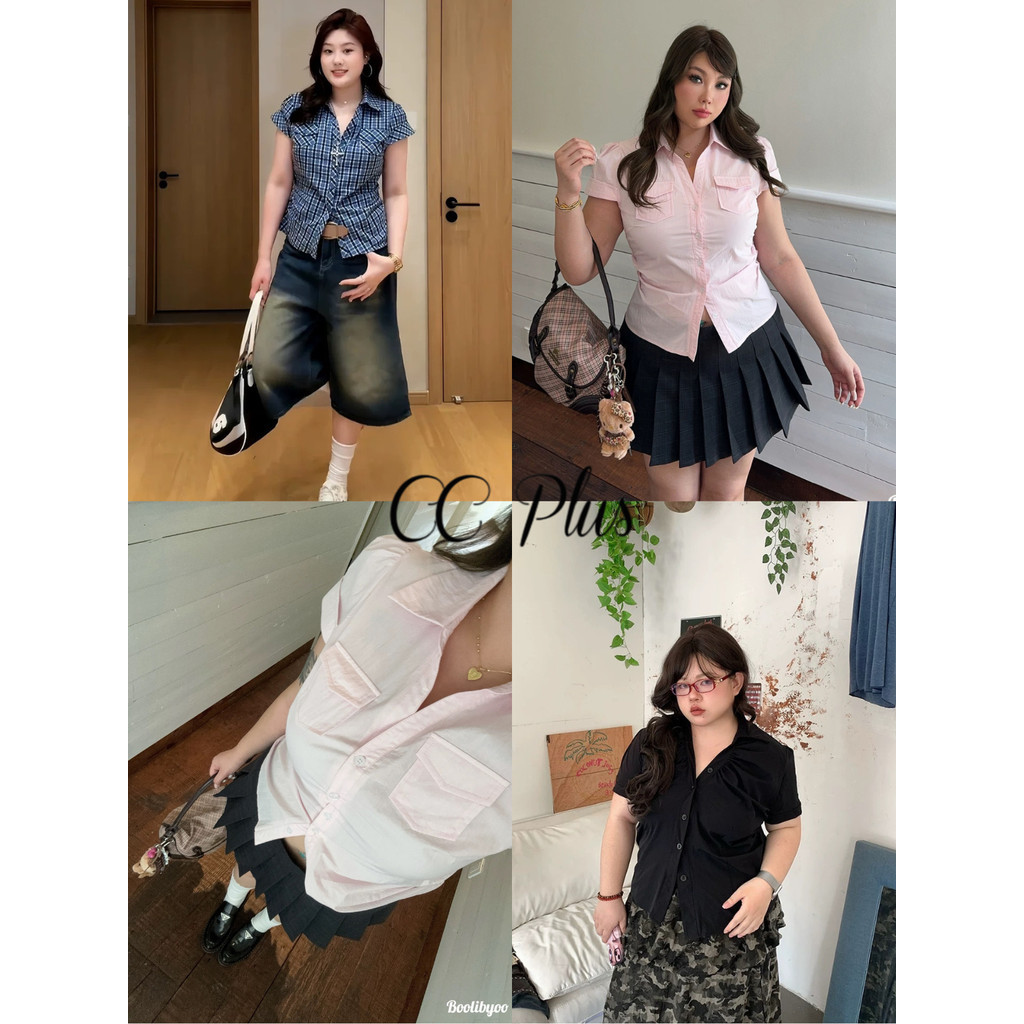 CiCi Plus+(3385)เสื้อคอปกแขนสั้นกระดุมหน้าทรงสวยกระเป๋าหน้าใช้งานได้สม็อคเอวหลังใส่แล้วเห็นหุ่นเฟียสๆ สไตล์สาวพลัสไซส์