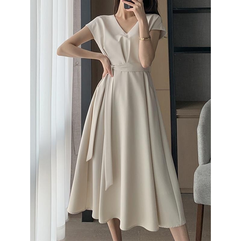 [S-5XL] เดรสเรียบหรู ผูกเชือกเข้ารูป คอวี ปกปิดหน้าท้อง ใส่ออกงานได้ (สาวอวบ/ไซส์ใหญ่ได้)