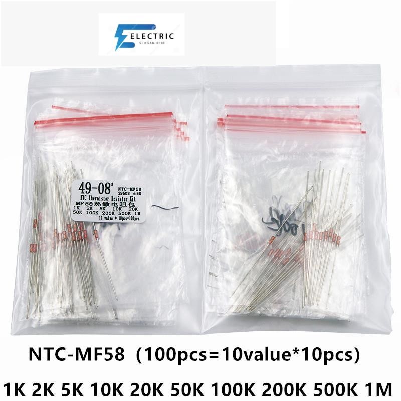 จัดส่งฟรี 100 ชิ้น = 10 มูลค่า*10 ชิ้น NTC Thermistor Resistor Kit NTC-MF58 1K 2K 5K 10K 20K 50K 100
