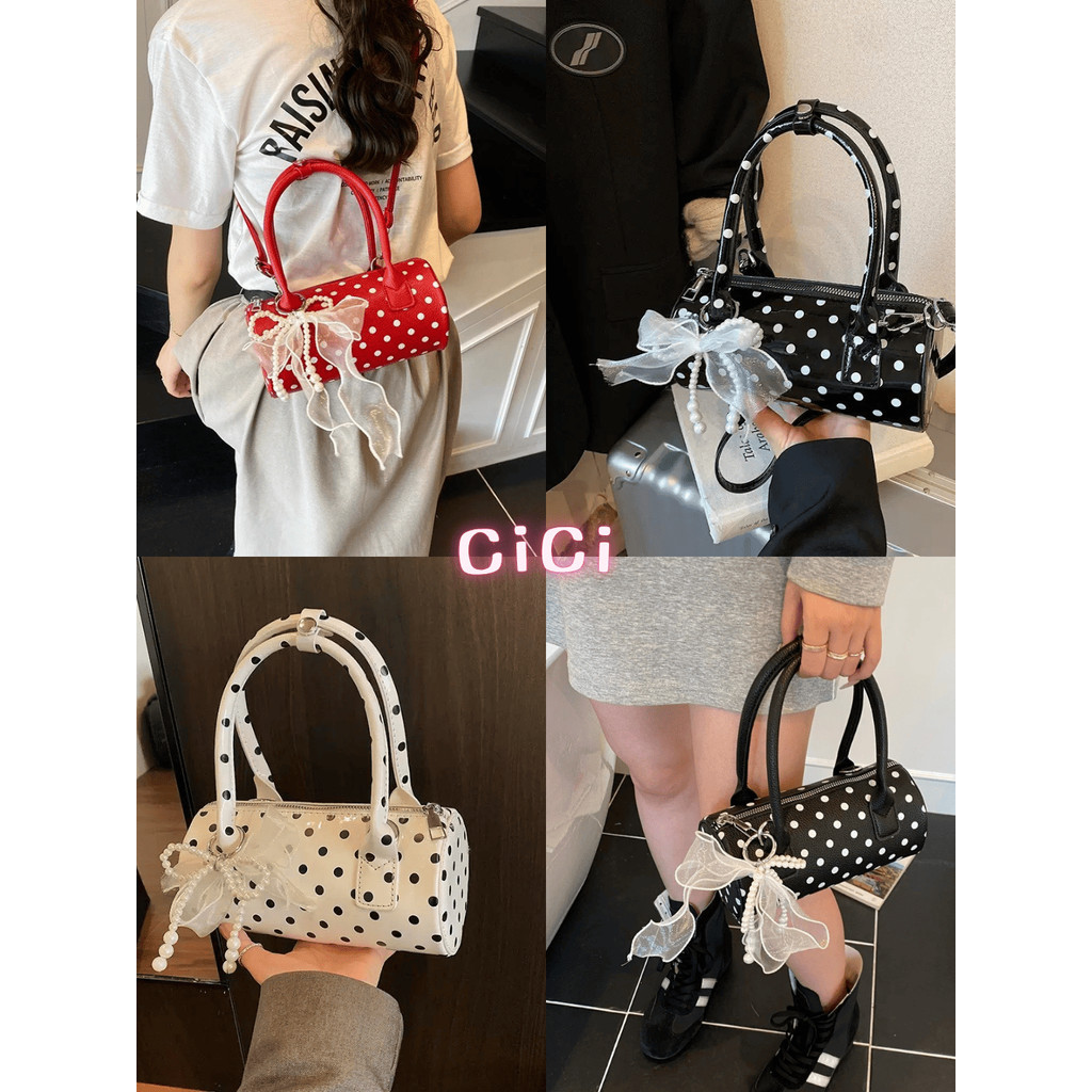 ส่งทันทีCici(NO. B33) กระเป๋าถือ/สะพายข้าง ทรงหมอนจิ๋วลายจุดเกรดดี แถมพวงกุญแจรูปโบว์คล้องกระเป๋า สไตล์เกาหลี