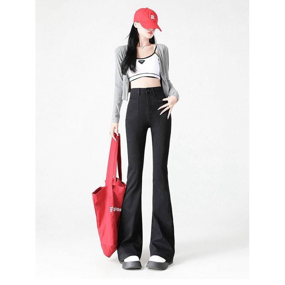 กางเกงขาบานกระเป๋าหน้าเก๋ๆ ทรงสลิม เอวสูง สไตล์เรโทร ยืดได้เยอะ ทรงไม่ซ้ำใคร ใส่ได้หลายโอกาส