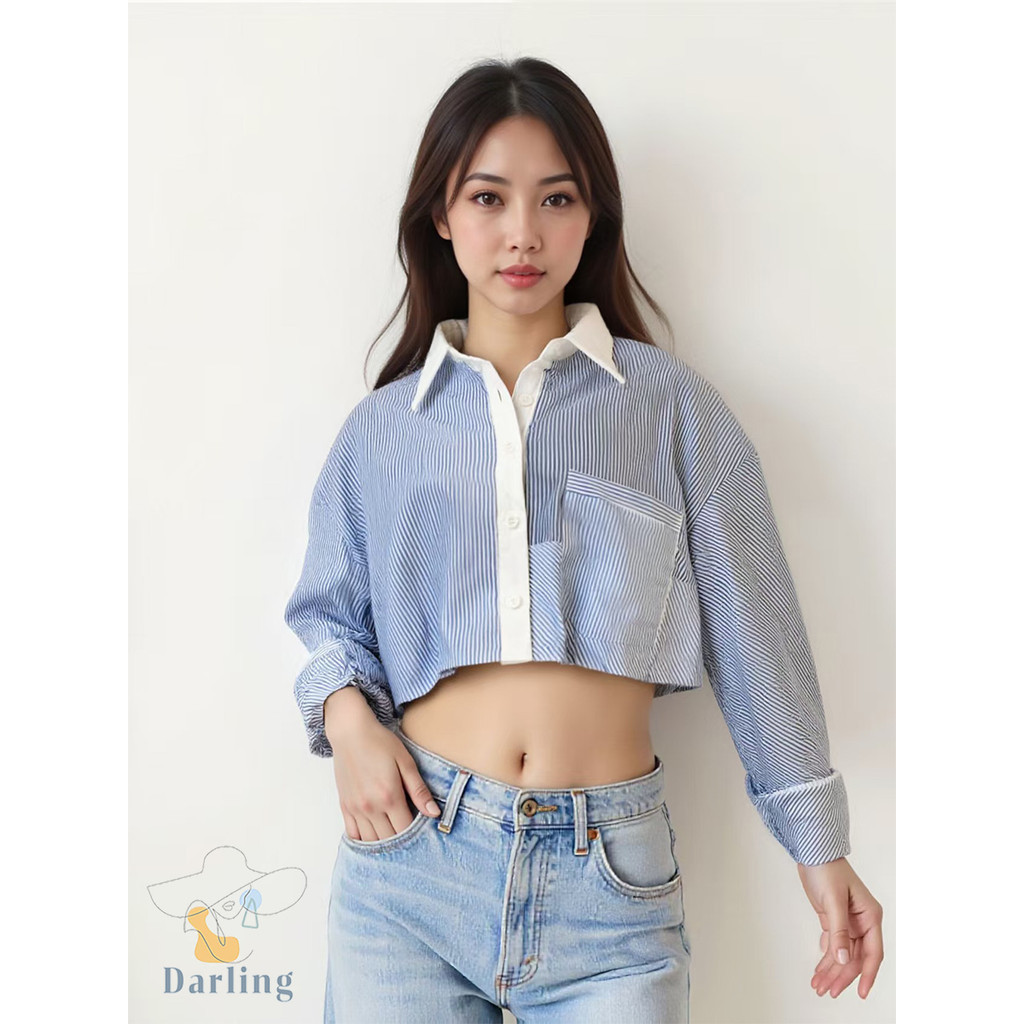 เสื้อเชิ้ตแขนยาว ลายทางเกาหลี สวมใส่ได้ทุกวัน