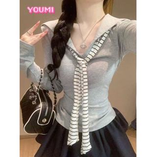 ส่งจากไทยทุกวัน เสื้อเชิ้ตแขนยาว ผูกโบว์ลายทาง ทรงเข้ารูปช่ว…