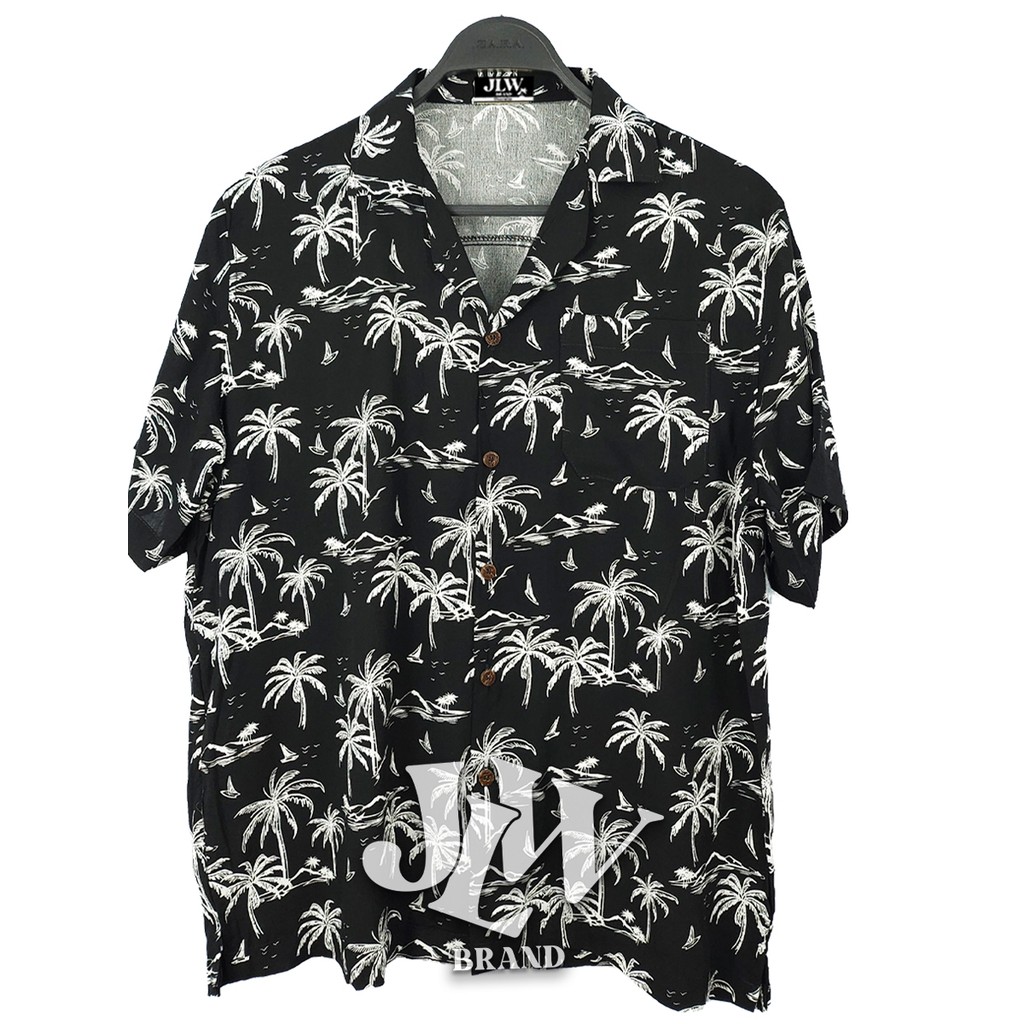 เสื้อฮาวาย ลายทะเลเรือใบน้อย ดำ ผ้านิ่ม M L XL Oversize คอฮาวาย JLW BRAND