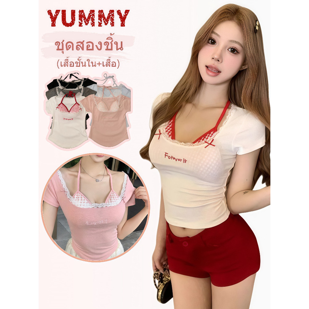 🎀Yummy Shop🎀new 2025 เสื้อครอปแขนสั้น มีฟองน้ำ ดีเทลแต่งเย็บสองชั้น น่ารักสไตล์เวียดนาม ของขวัญปีใหม่ “FY5056
