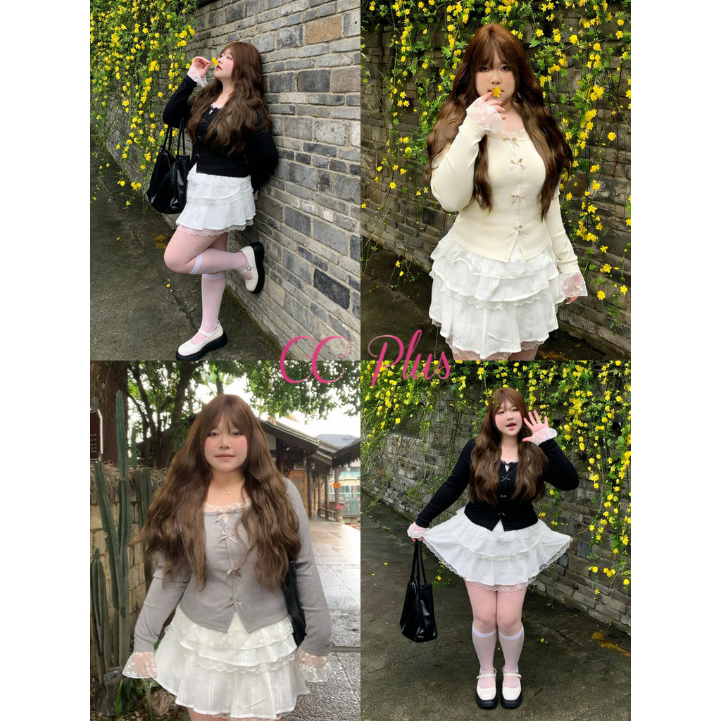 CiCi Plus+(H88133) เสื้อแขนยาวปักโบว์เล็กๆ ดีเทล 2 ชั้นเย็บลูกไม้ซีทรูด้านใ แต่งระบายที่แขนน่ารักๆ สไตล์สาวพลัสไซส์